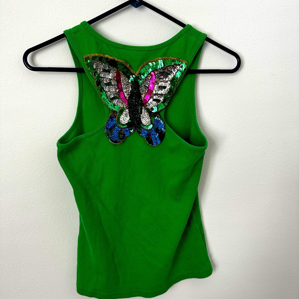 Early 2000s Victoria’s Secret beaded butterfly tank. Embellishment is on back
